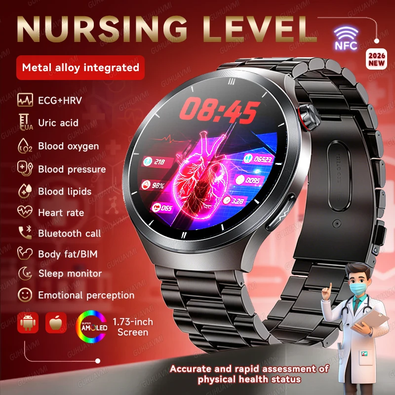 

2026New Nursing Level Health Smartwatch ECG+PPG Blood components Pressure BIM Heart Rate Analysis Call AMOLED Screen Sport Clock