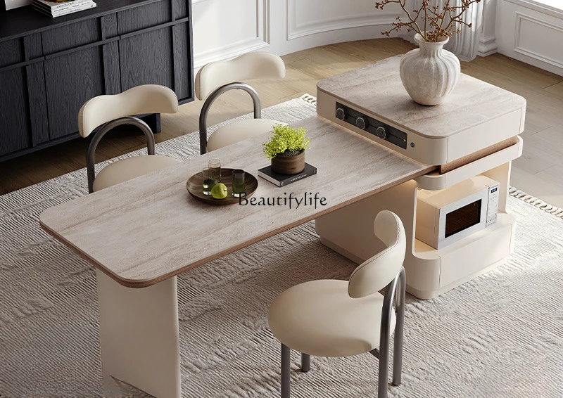 

Island table integrated household retractable kitchen travertine rock slab cream wind