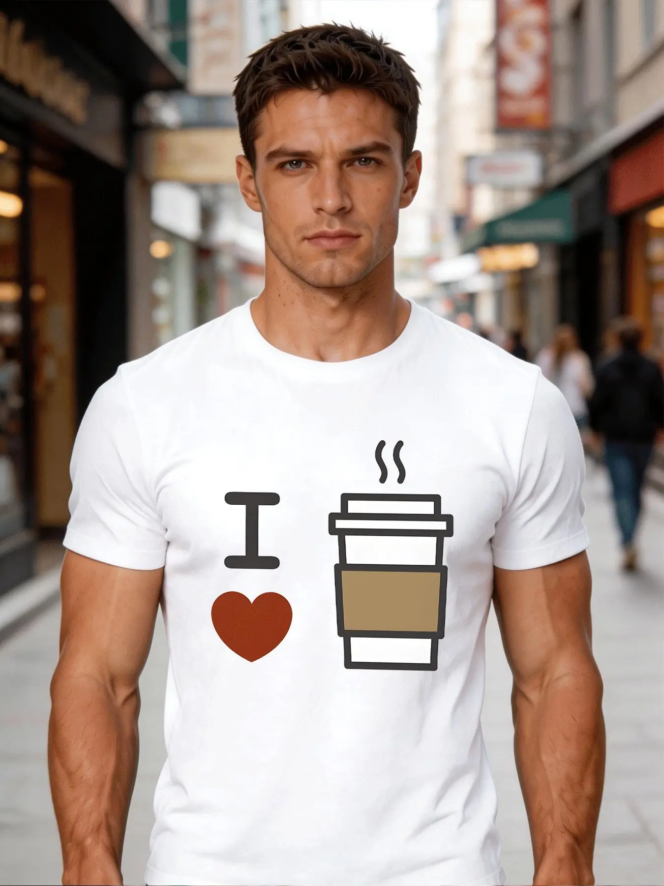 Men White Crew Neck Tee Simple I Love Disposable Coffee Cup Heart Graphic Coffee Lover Daily Casual Soft Cotton Male Tops