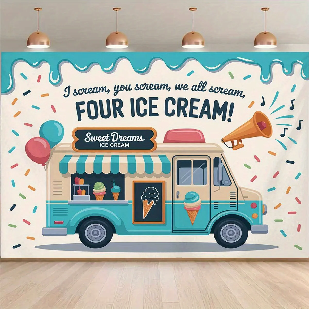 Pancarta colorida con diseño de camión de helados para fiestas - Diseño de texto: "I Scream, You Scream"