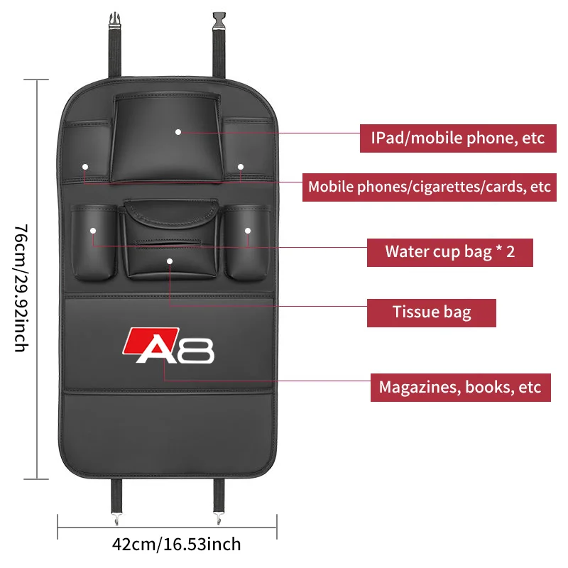 Органайзер на спинку автомобильного сиденья для AUDI A1 A3 A4 A5 A6 A7 A8 Q3 Q7 Q8 TT Сумка для хранения автомобильного заднего сиденья с крючком Держатель салфеток Anti Kick Pad