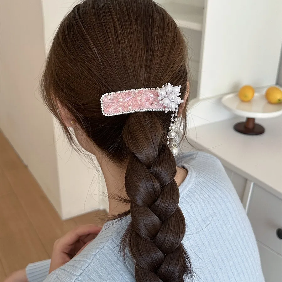 

Side Hair Clip Faux Pearl Full Rhinestone Light Luxury New Chinese Elegant for Wedding Party Daily Home