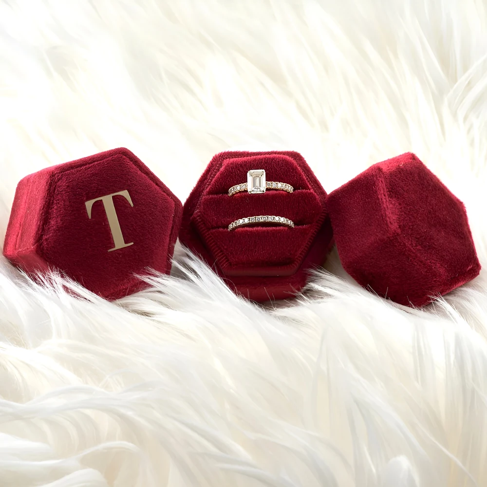 

Red Double Slot Hexagon Velvet Ring Box, Octagon Velvet Ring Box, Custom Wedding Ring Box, Engagement Ring Box