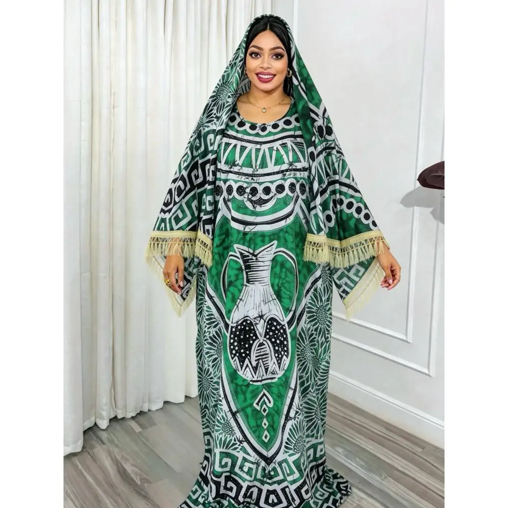 

Plus Size Sequined Ethnic Printed Sequins Dress Traditional Middle Eastern Abaya Robe with Scarf Muslim Women's Large