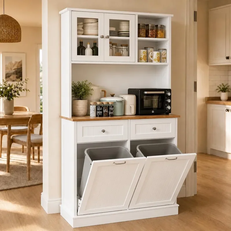 68.4 Kitchen Pantry Storage Cabinet Freestanding Cupboard with Shelf 2 Drawers and 1 Tilt Out Trash Cabinet Tall Cabinets for