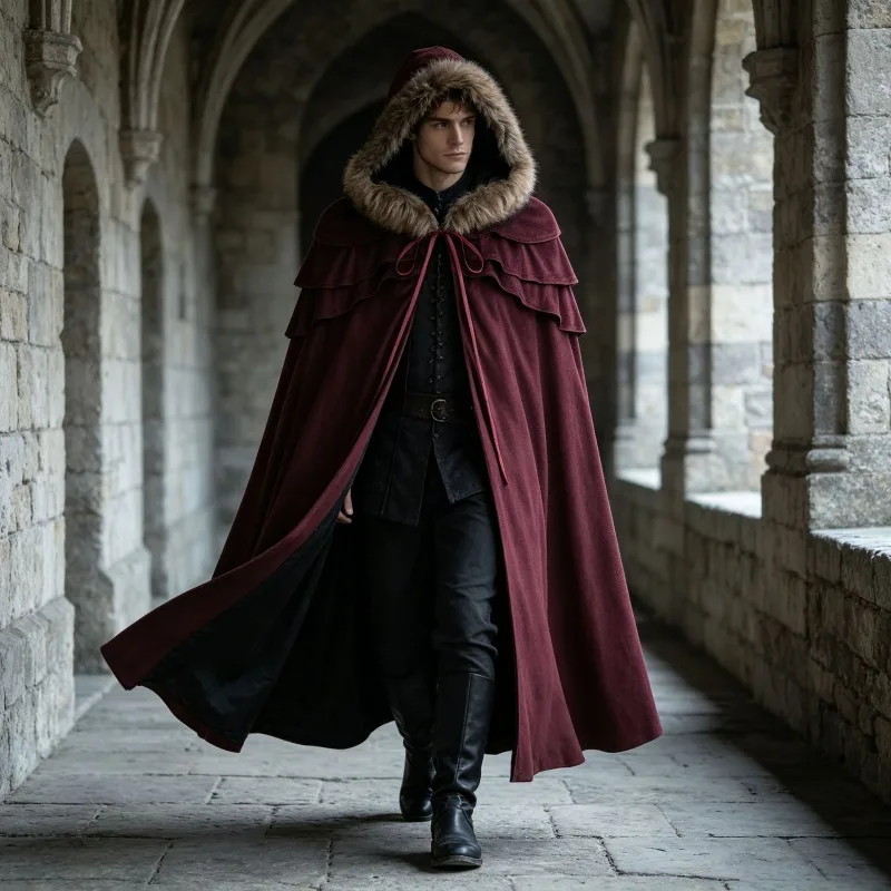 Medieval Winter Layer Cloak Fur Hooded Halloween Cape Retro Victorian ...