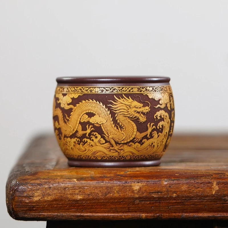 Yixing Zisha Handmade Purple Clay Carved Dragon Phoenix Teacup Master Tea Cup Ceramic Tasting Cup For Gongfu Tea Set