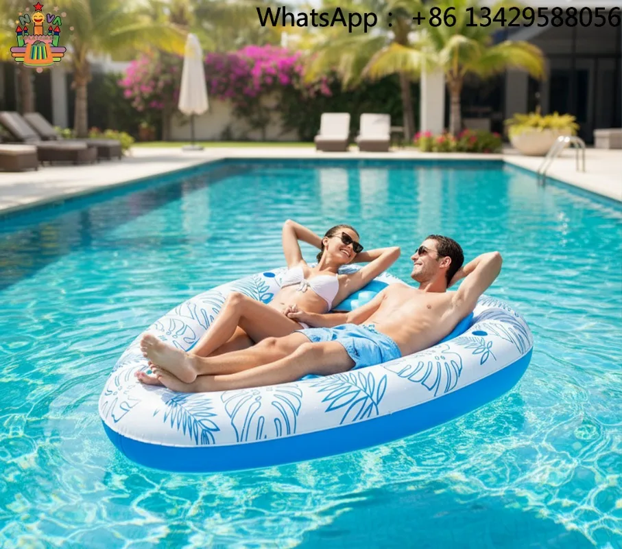 Heart Shaped 2-Person Inflatable Pool Lounger with Backrest, Monstera Leaf Double Pool Float for Adults