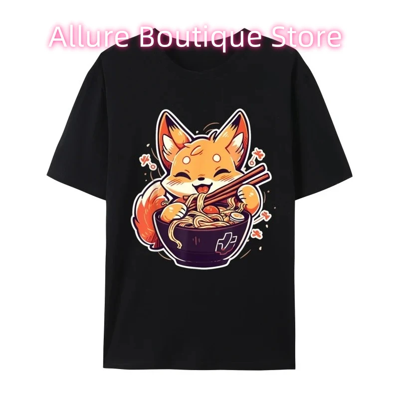 

Милые японские футболки Kawaii Fox Eating Ramen для подростков с принтом, семейная нормальная чистая женская футболка, обычная одежда, футболки с графическим рисунком