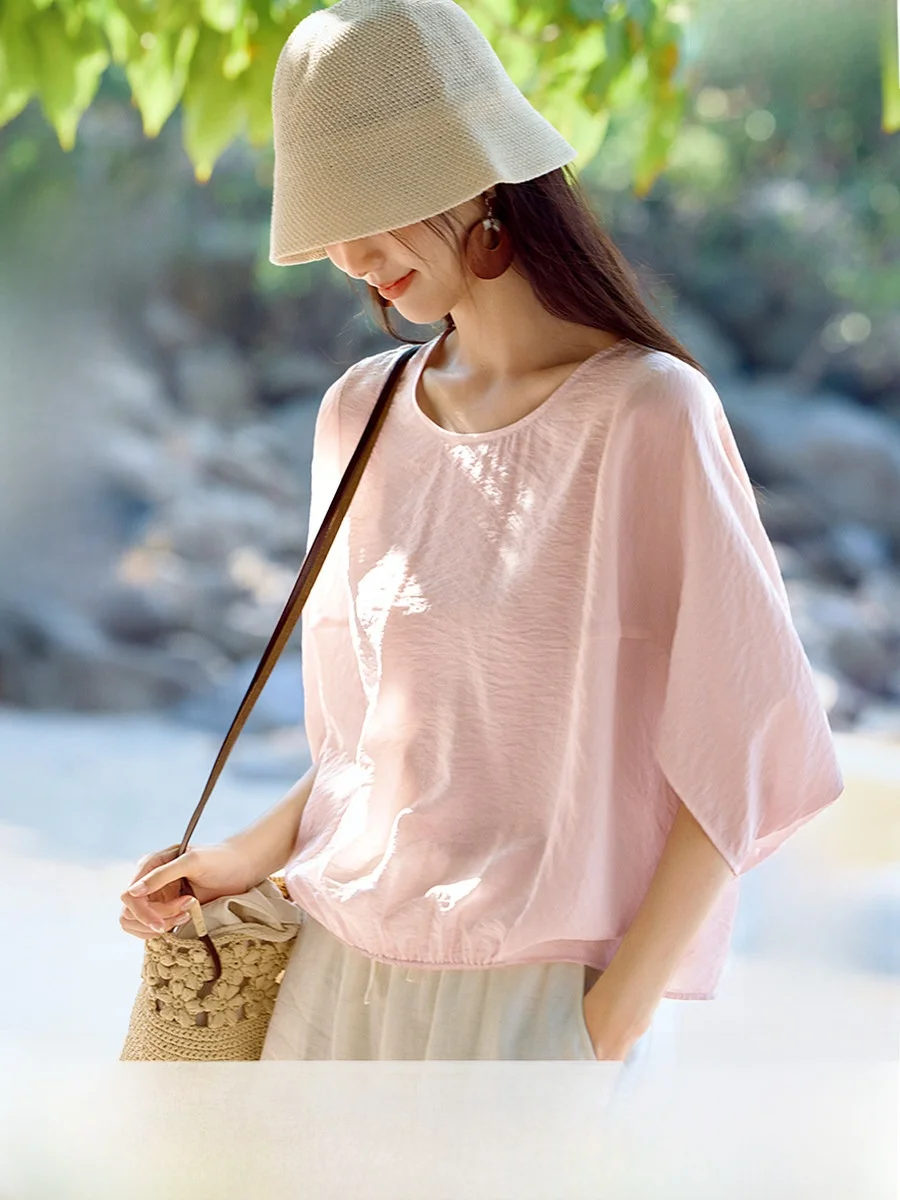 

Элегантная женская рубашка с круглым вырезом и рукавами «летучая мышь» из модального шелка, розовая, удобная, свободного кроя, для повседневной носки, модная, деловая.