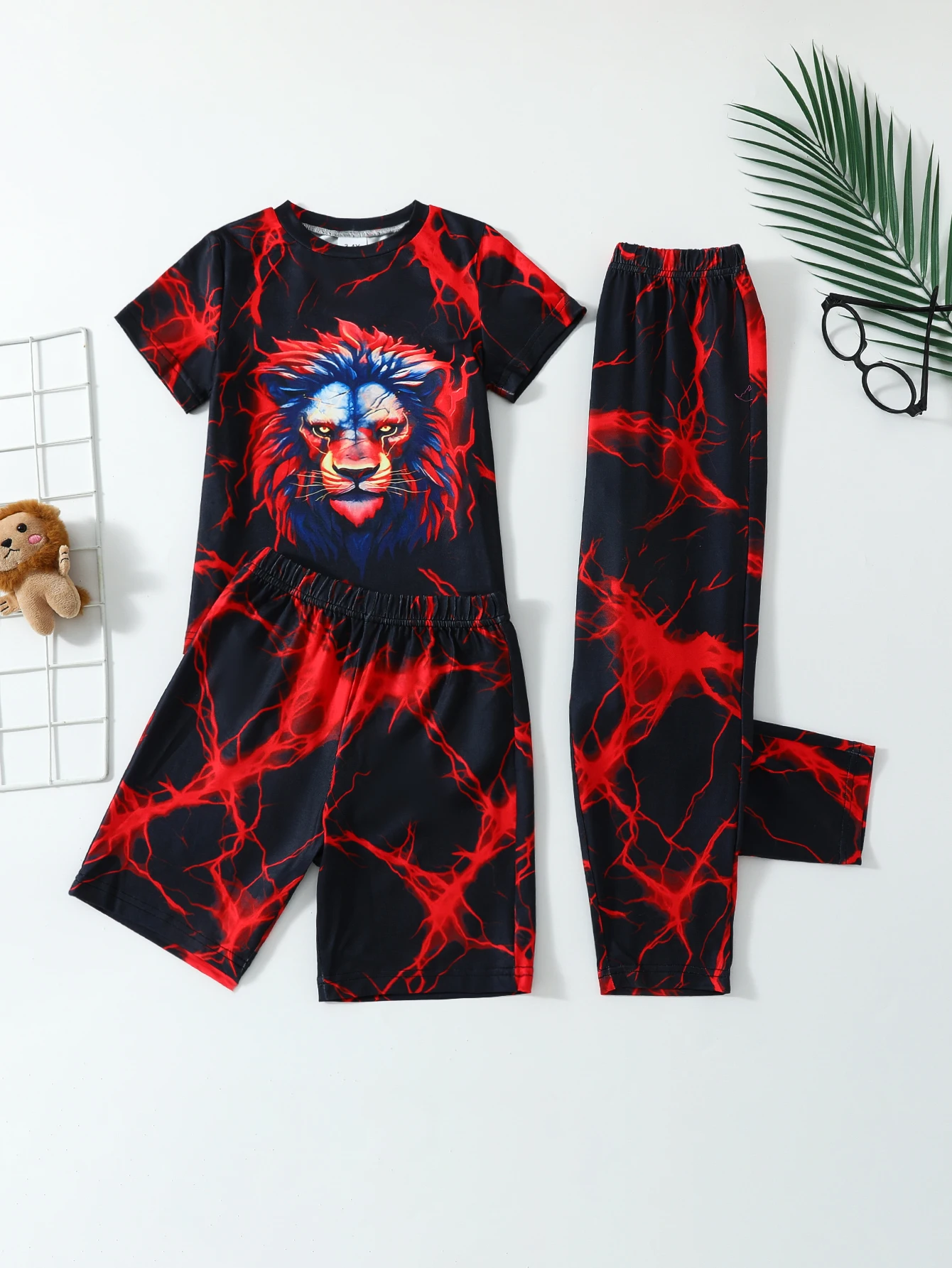 3pcs Kid's Fashion Pattern Print Pajamas, Comfortable Short Sleeve Top & Long Pant & Short Set, Lion Pattern Comfy PJ Set, Boys'