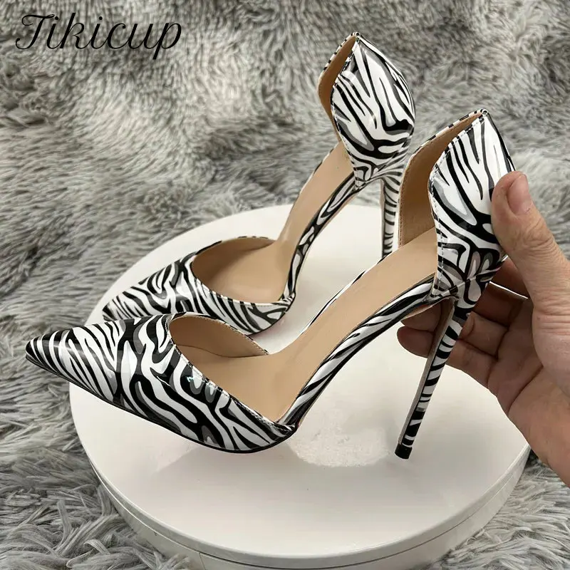 Tikicup Women's Glamorous Glossy Zebra-Print D'Orsay Stiletto Pumps Design Pointed-Toe High Heels for Elevated Evening,Cocktail