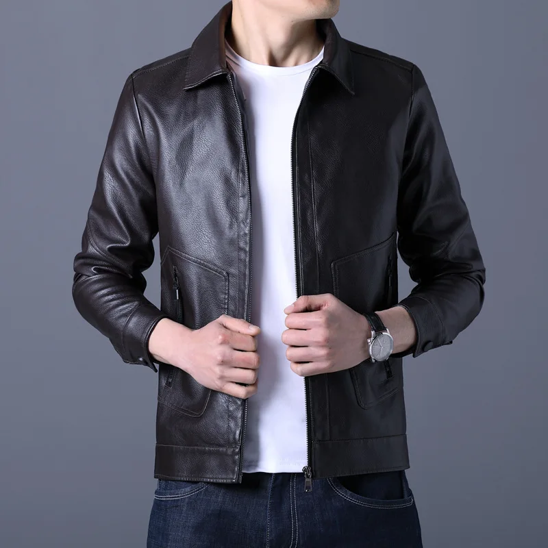 

Autumn lapel PU leather jacket simple solid color pocket zipper large size men's leather motorcycle jacket veste en cuir