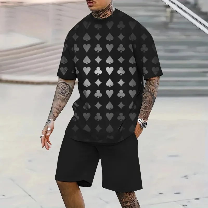 2025 3D Poker Print Summer Casual Breathable Short Sleeved Shorts Style Oversized Polyester Fiber Fashionable Men's Style