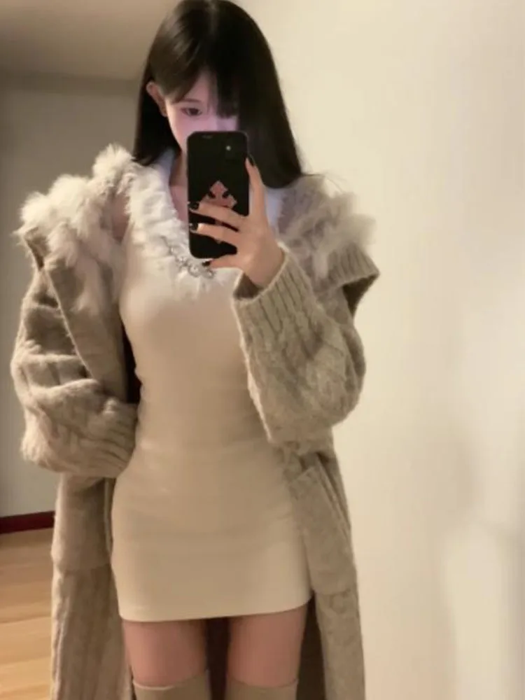 

Women's Knitted Open Cardigan Long Sleeve Thickened Loose Lazy Style Coat with Fur Collar Autumn Winter Outerwear