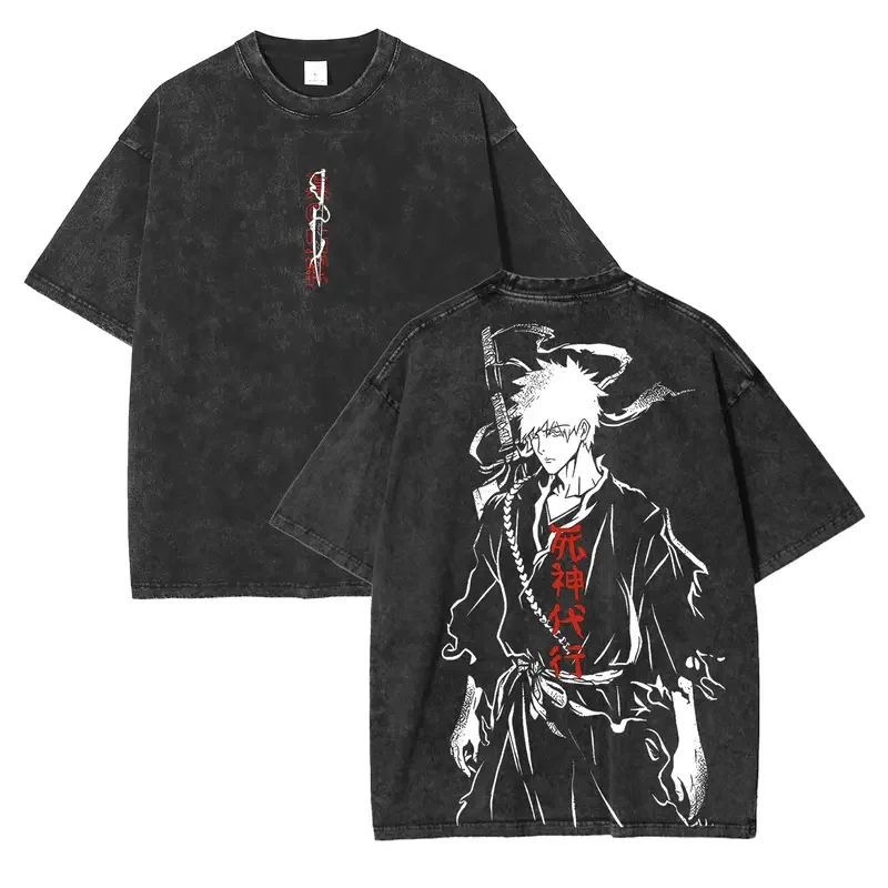 Hot Anime Bleach Kurosaki Ichigo Graphic Print T-shirt Men Women O-neck Cotton Short Sleeve Vintage Washed Oversized Summer Tee