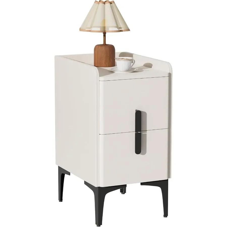 منضدة rrow مع درجين طاولة جانبية سطح جلدي طاولة بجانب السرير رفيعة لغرف النوم والمهاجع وغرف المعيشة كريمي W