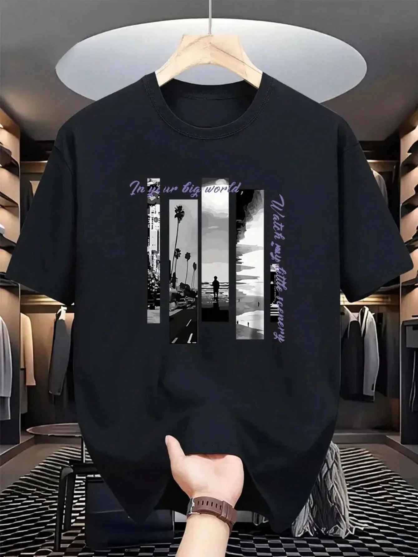 2026 New Sportwear Family Matching Unisex Oversized T Shirt Vertical Strip Landscape Photo Text Streetwear Tee
