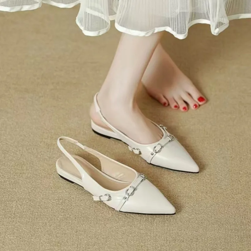 

French Flat Toe Sandals for Women 2026 New Summer Pointed Buckle Straight Strap Temperament Shallow Mouth Flat Shoes