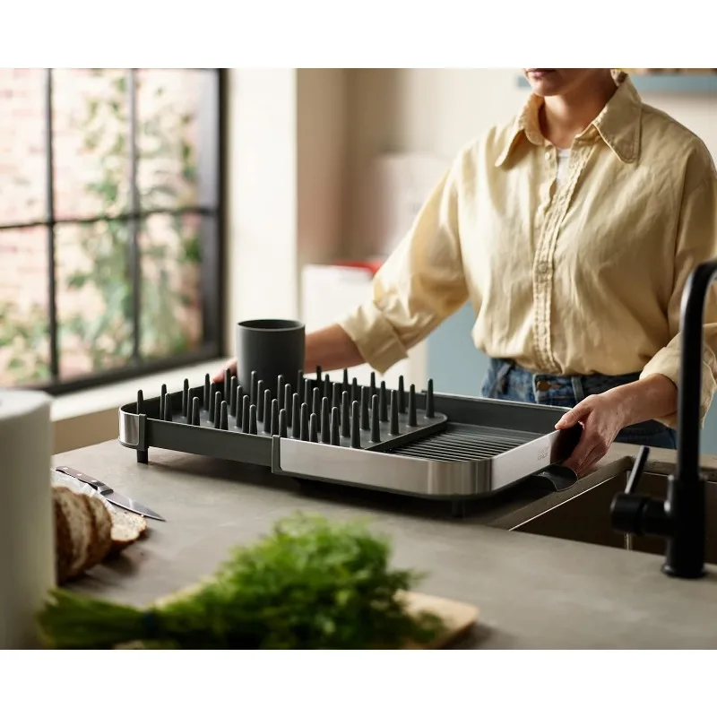 Expanding Dish Drying Rack with Removable Silverware Holder, Draining Spout, Stainless-steel