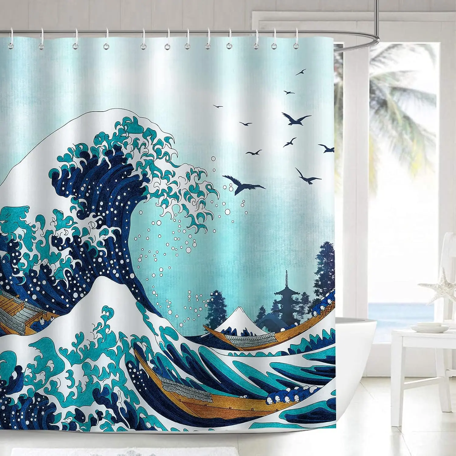 Shower Curtain Kanagawa Waves Blue Decorative Shower Curtain Polyester Fabric Waterproof Bathroom Curtain with 12 Hooks