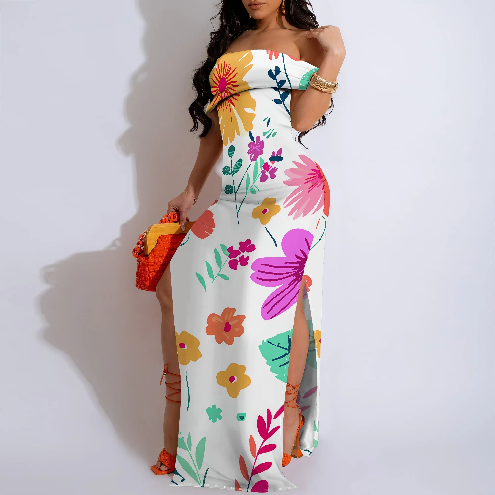 

Womens Sexy Casual Dresses for Curvy Women 3D Printed halterneck dress Short Sleeve Off-shoulder Splits On Both Sides Maxi Dres