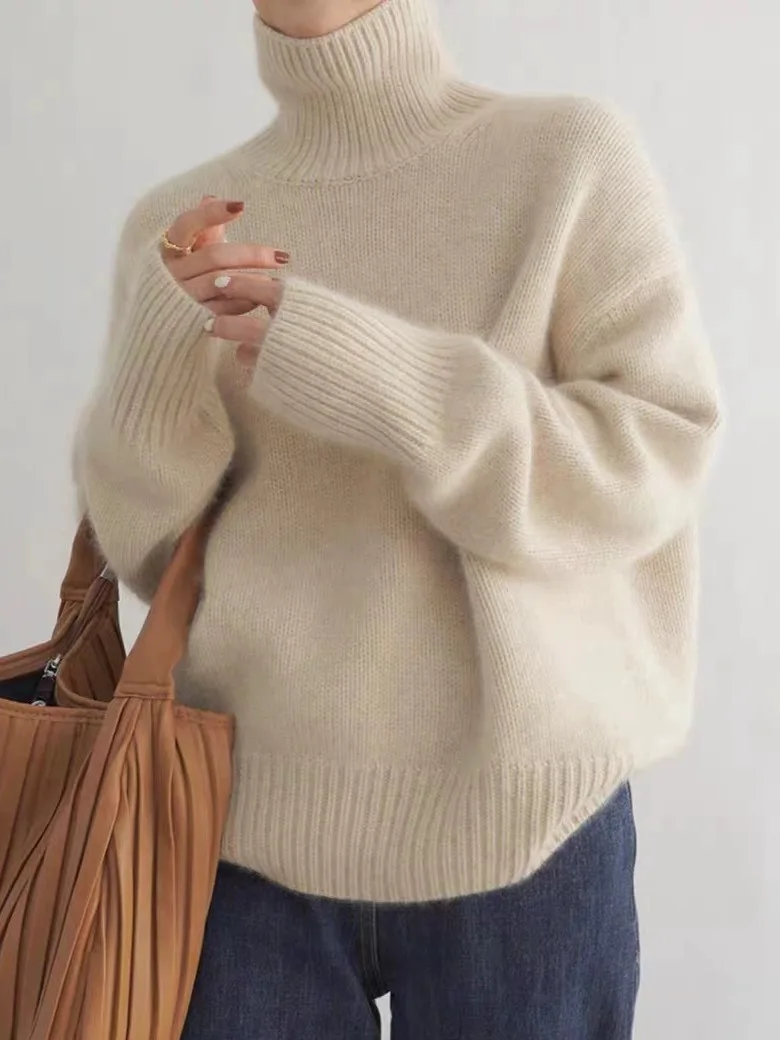 Sweater rajut hangat wanita, atasan kasual pullover rajut hangat tebal Turntleneck, sweater angin malas, Fashion untuk perempuan