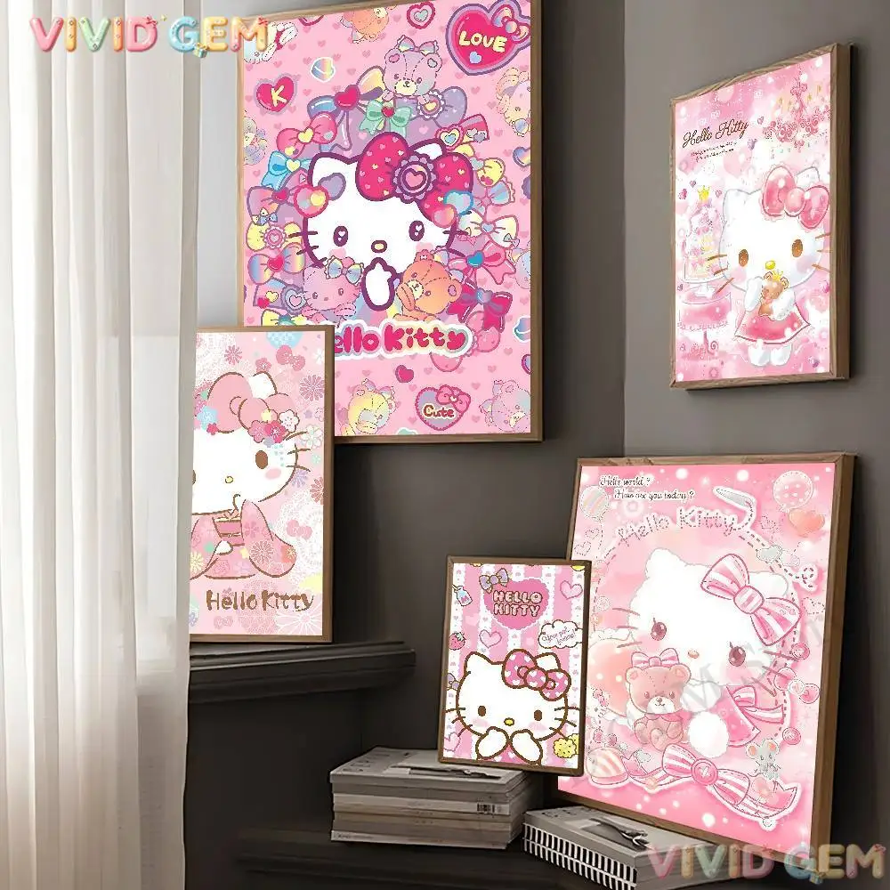 VIVID GEM New Sanrio Hello Kitty Pink Kawaii Full Drill Diamond Painting DIY Cross Stitch Home Wall Decor