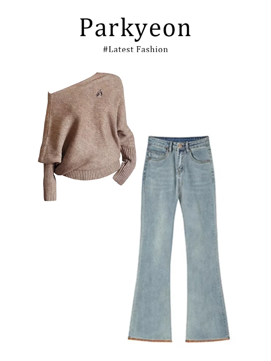 

2025 Winter New Loose Knitted Sweater And High Waist Jeans Set Women's Fashion Casual Comfortable Long Sleeve Warm Outfit