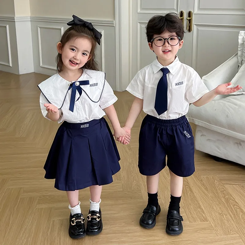 

Elementary School Student Clothes Brother and Sister Matching Outfits Girls Blouse Skirts Sets Boys Shirts Shorts 2 Piece Suit