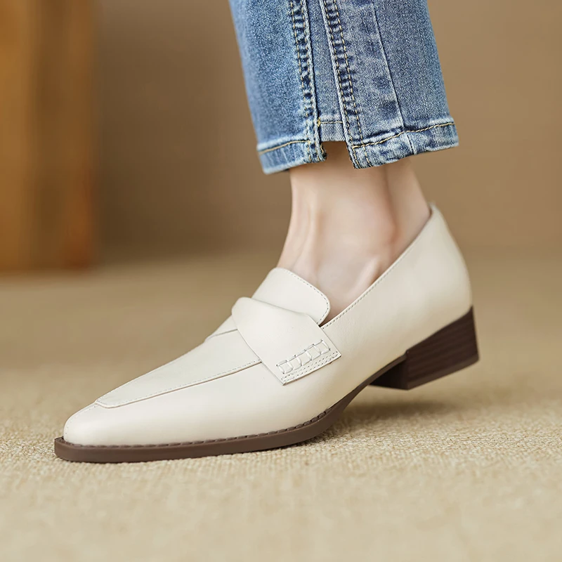 Ladies Shoes Low Heel Women Pumps  Pointed Toe Real Leather Slip-On Lady Vingtage PumpsSpring Autumn Sheepskin Loafers