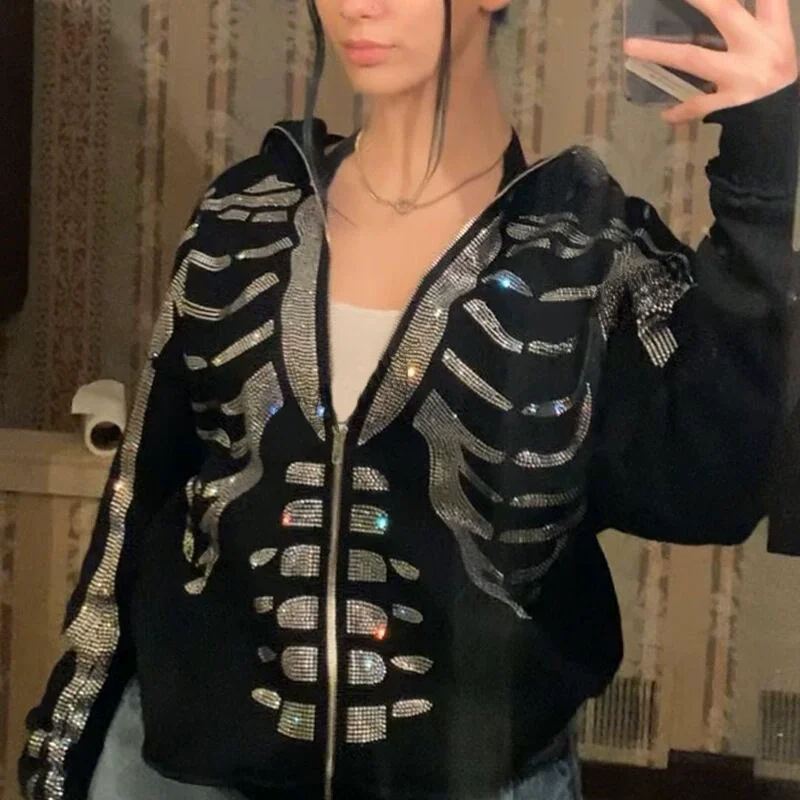 

European and American autumn and winter fashion women's loose coat tops hot diamond printing long sleeve hooded Halloween