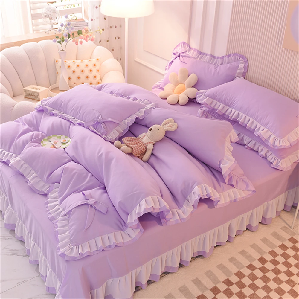 

Purple Bedding Sets Kawaii Seersucker Bed Sheet Pillowcase Fashion Girls Princess Duvet Cover Set 4 Pieces Cute Home Decoration