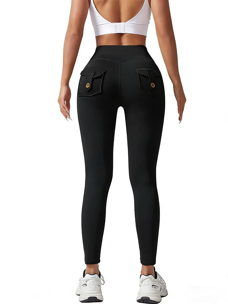 V-waist yoga elastic tight pants, women's peach hip lifting running speed drying yoga pants, workwear pocket button pants