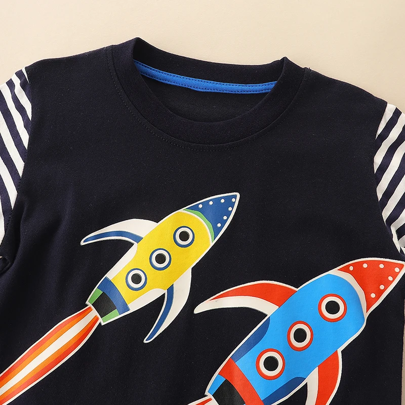 Little Maven Children\'s Clothing 2024 Autumn Luminous Rocket Long Sleeves Striped T-shirt Cotton Tops Baby Boys Kids Clothes