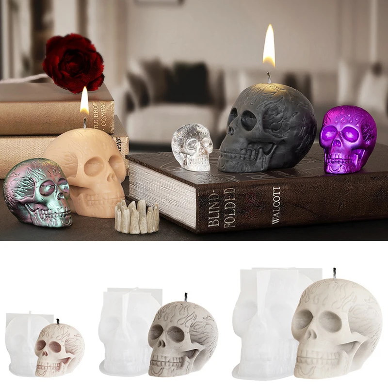 Flame Skeleton Head Ornament Silicone Mold DIY Epoxy Resin Candle Skull Head Keychain Pendant Mold Halloween Handicraft Tools