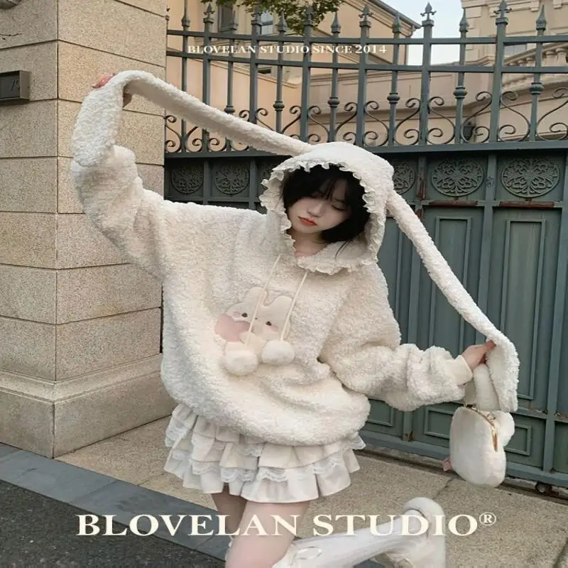 

Kawaii модные топы для девочек, студенческая повседневная женская одежда с героями мультфильмов, 300 г, флис, сладкая шерсть ягненка, кроличьи уши, толстый плюш с капюшоном