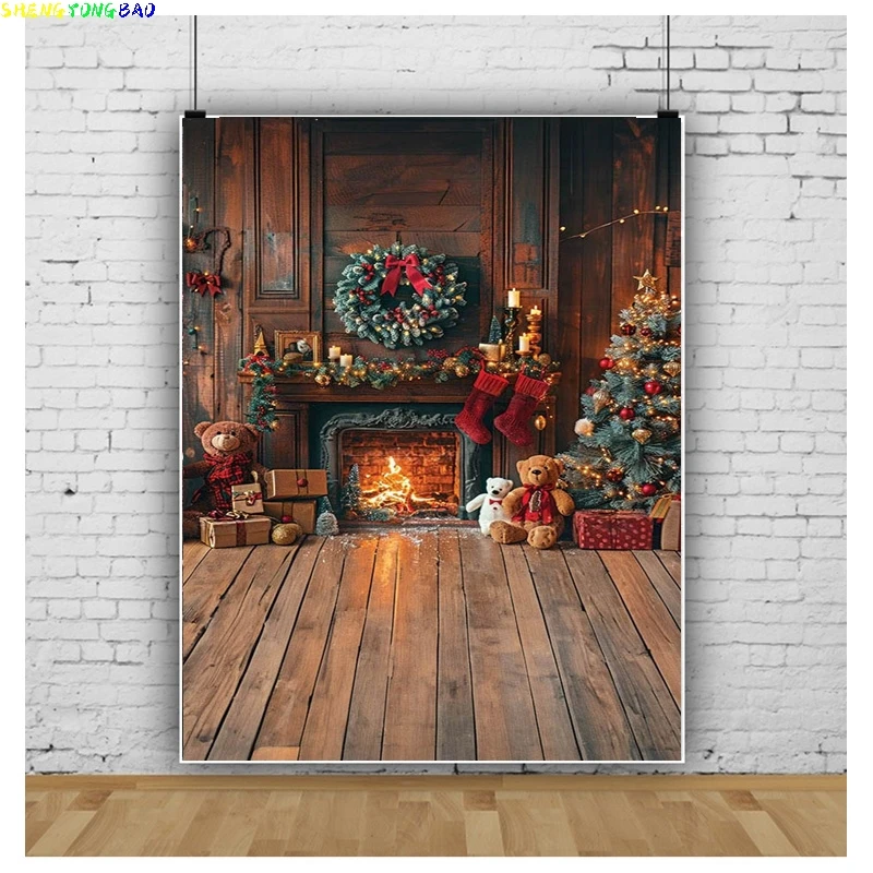 

Christmas Day Fireplace Photography Backdrops Prop illustration Window Living Room Interior Village House Theme Background HK-12