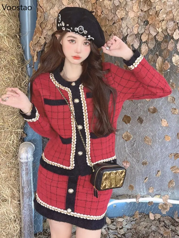 

Autumn Winter Elegant Red Plaid Skirt Sets Women Fashion O-Neck Jacket High Waist Mini Skirts Suit Chic Female Two Piece Outfits