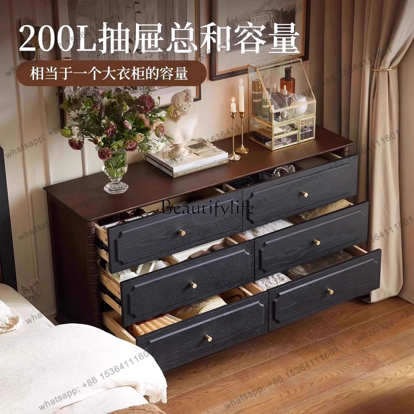 Customization French Retro Style Solid Wood Six-chest Cabinet Bedroom Home Storage Cabinet