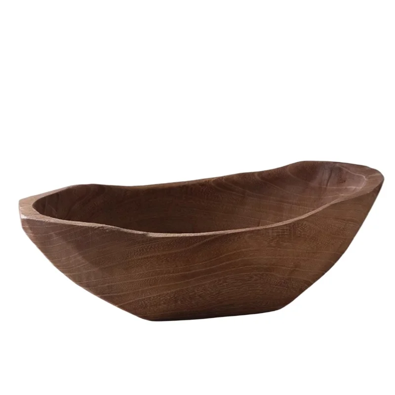 French Wabi-Sabi Fruit Bowl Solid Wood Tea Room Serving Tray Minimalist Living Room Ornaments Artisan Hand-Carved Snack Platter
