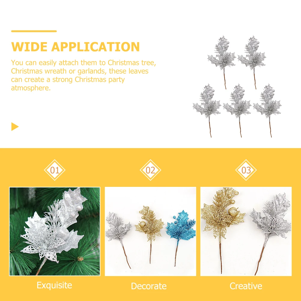 

5pcs Christmas Glitter Leaves Artificial Simulated Xmas Tree Decor Picks Wreath Garland Vase Decoration Fake Leaves For Holiday