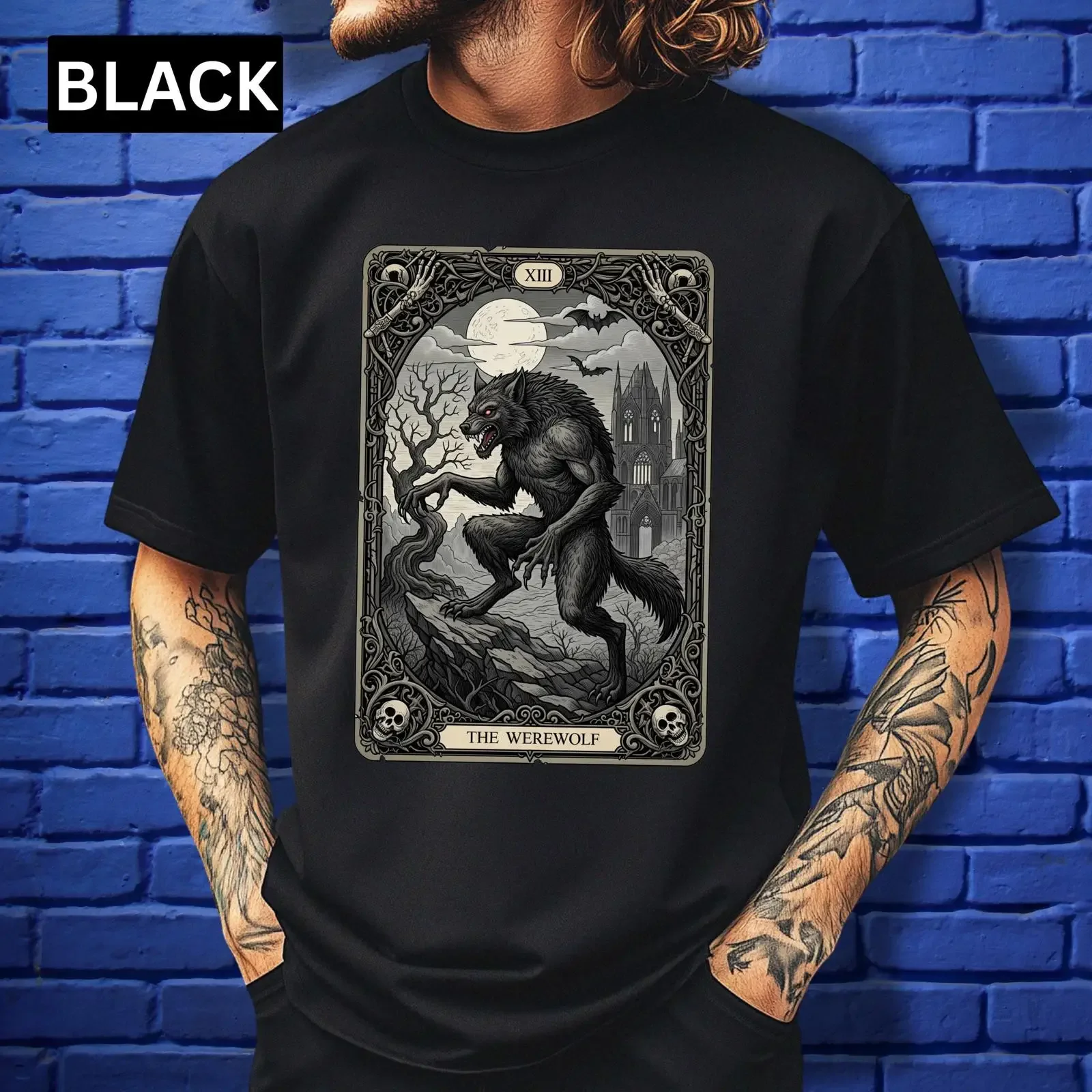 Werewolf Tarot T shirt Gothic Horror Vintage Engraving Wolf Dark Art Witchy s vintage Washed homme fashion Comfortable Stylish
