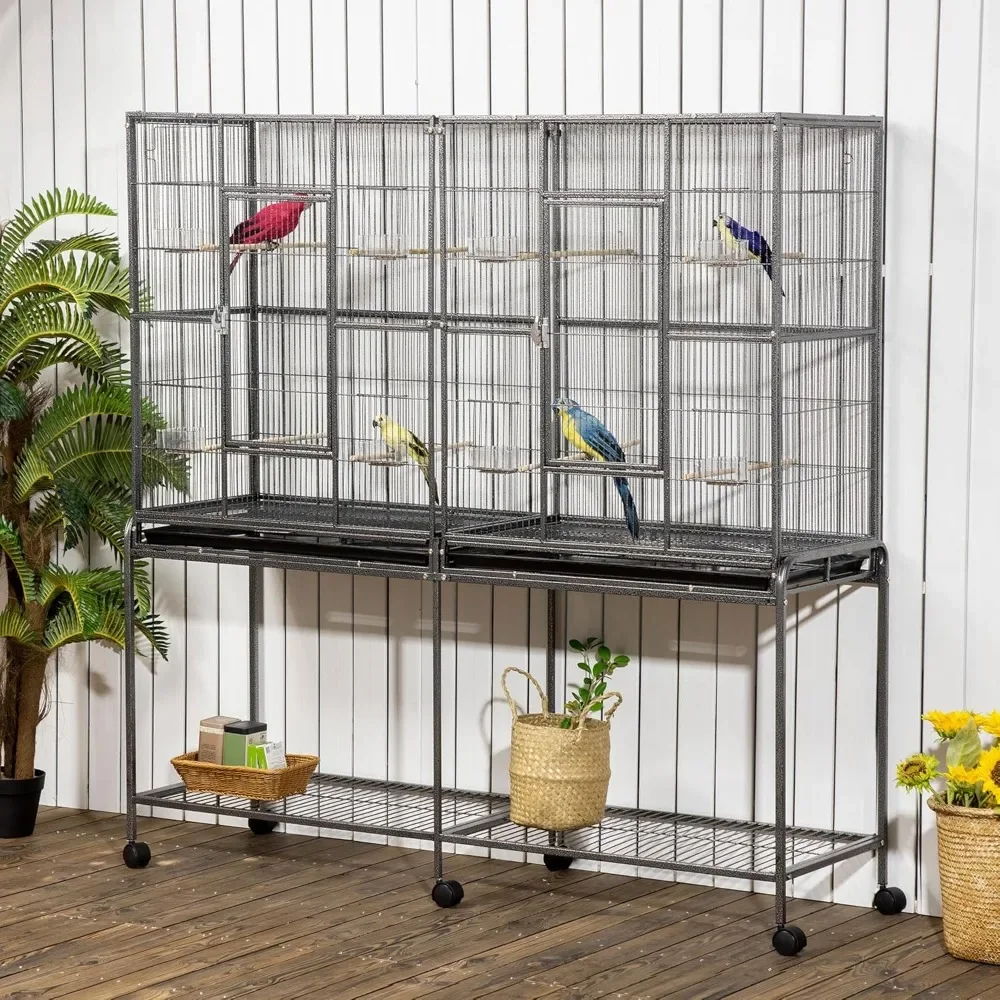 Birdcage, 65 Inch Double Roll Metal Birdcage Feeder with Detachable Rolling Rack, Storage Rack, Birdcage