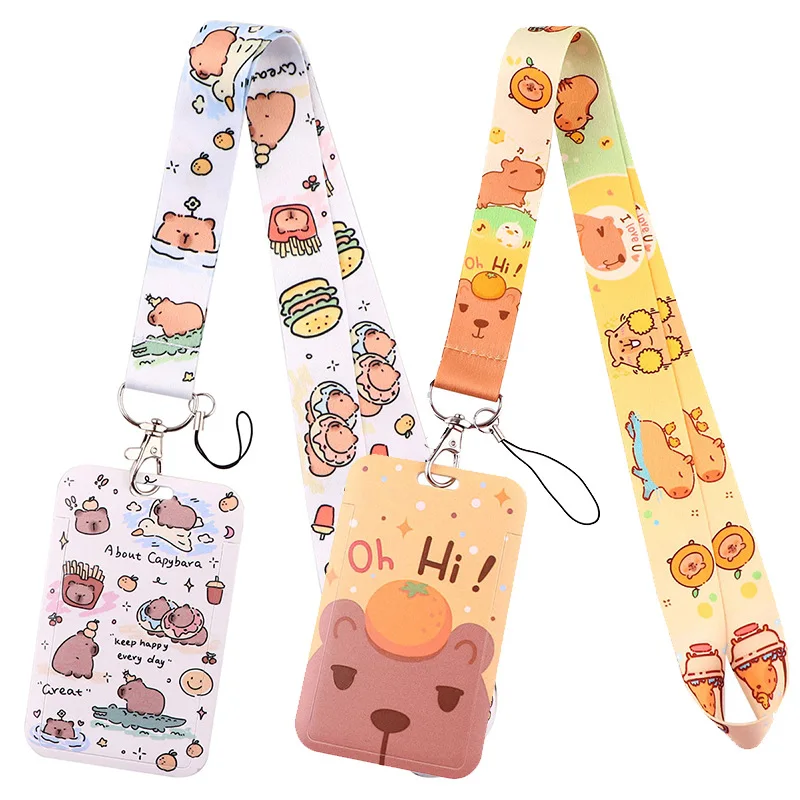 Lovely Capybara Cartoon Card Case Heat Transfer Printed Woven Lanyard Phone Strap Student Work Badge Bus ID Card Holder