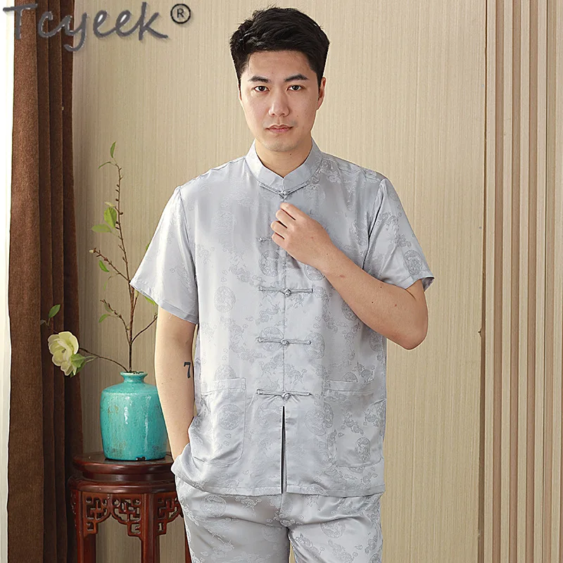 

Tcyeek 100% Mulberry Silk Mens Shirts Summer Clothes Chinese Style White Shirt Men 2024 Fashion Short Sleeve Top Chemise Homme