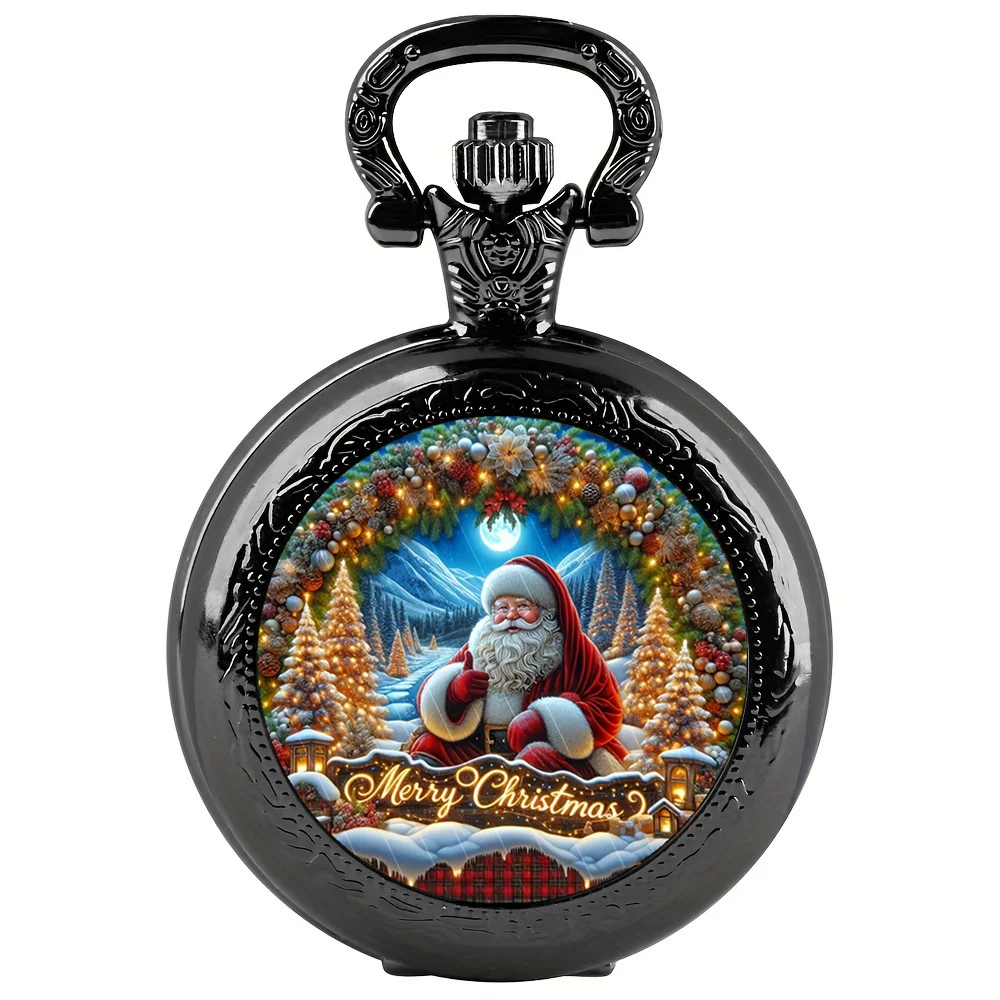 Fashion Christmas Exquisite Pocket Watch - Quartz Movement, Round Dial, Unique Pendant Black Necklace Souvenir Gift For Children