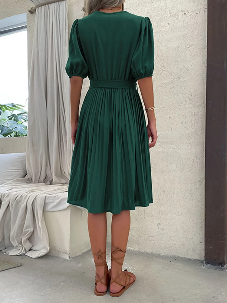 M 2023 Women's Summer New Lace Up V Neck Short Sleeve Solid Color Green Pleated A-Line Long Dress For Female