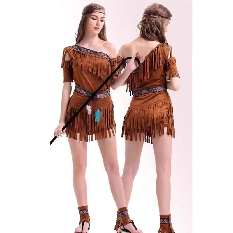 

Indian Native Costumes Brown Fringed Savage Slant Shoulder Off-the-shoulder Dress Forest Hunter Dress Women