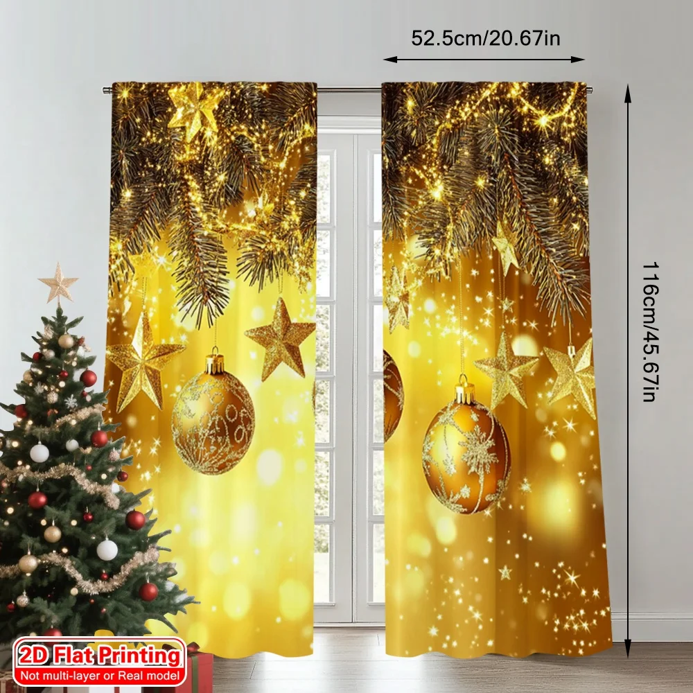 2pcs 2D flat printing Christmas Hot Party Curtains Golden Deluxe Christmas Ball scopic and stylish 100% polyester fiber Spring